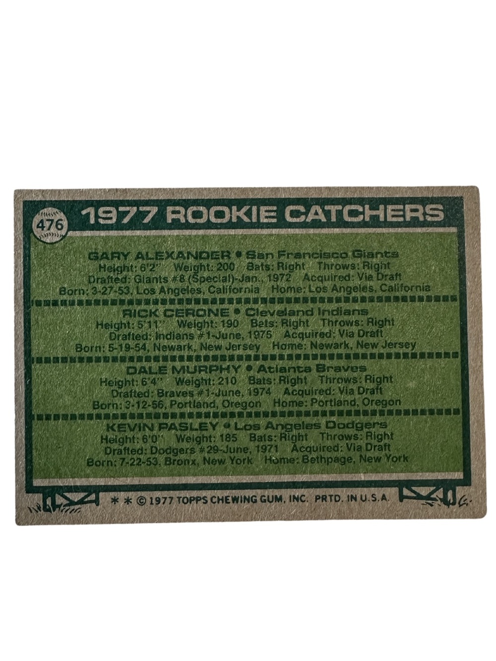 1977 Topps #476 Dale Murphy Rookie RC Catchers Braves Vintage MLB Baseball Card - Picture 2 of 2